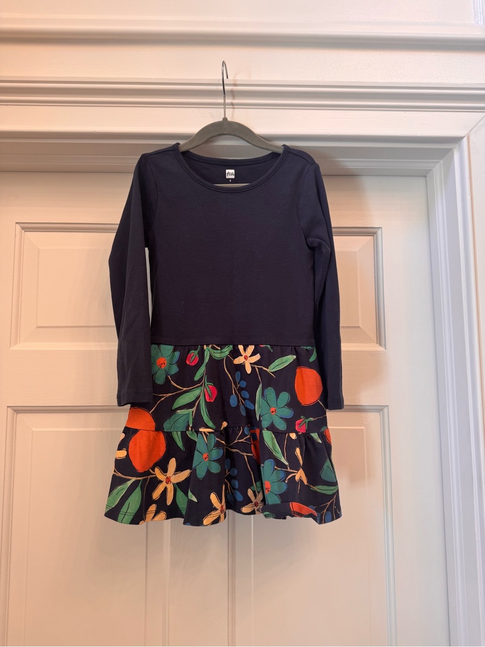 Tea Collection - Navy Long-Sleeve Dress with Orange & Green Floral Skirt